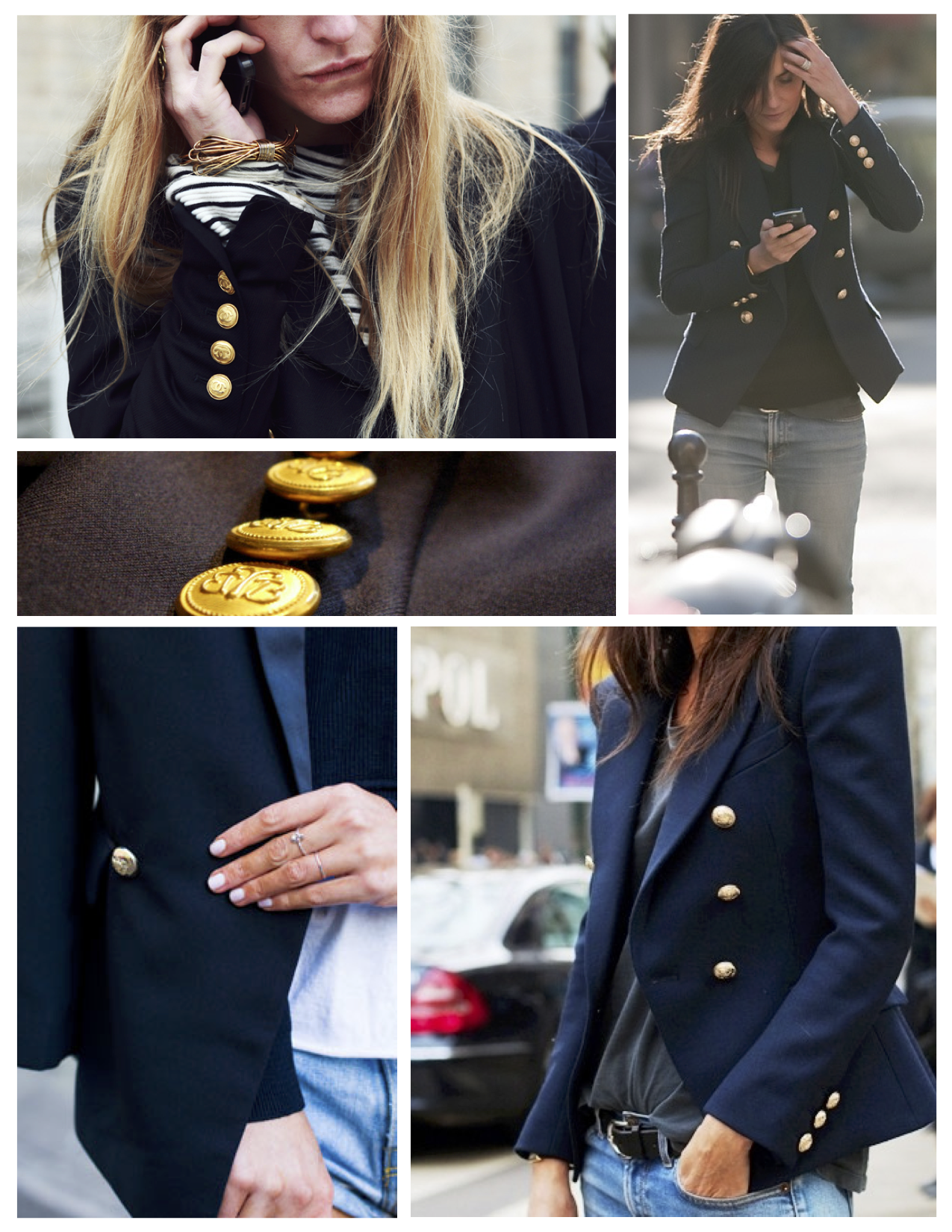 navy blue dress with gold buttons